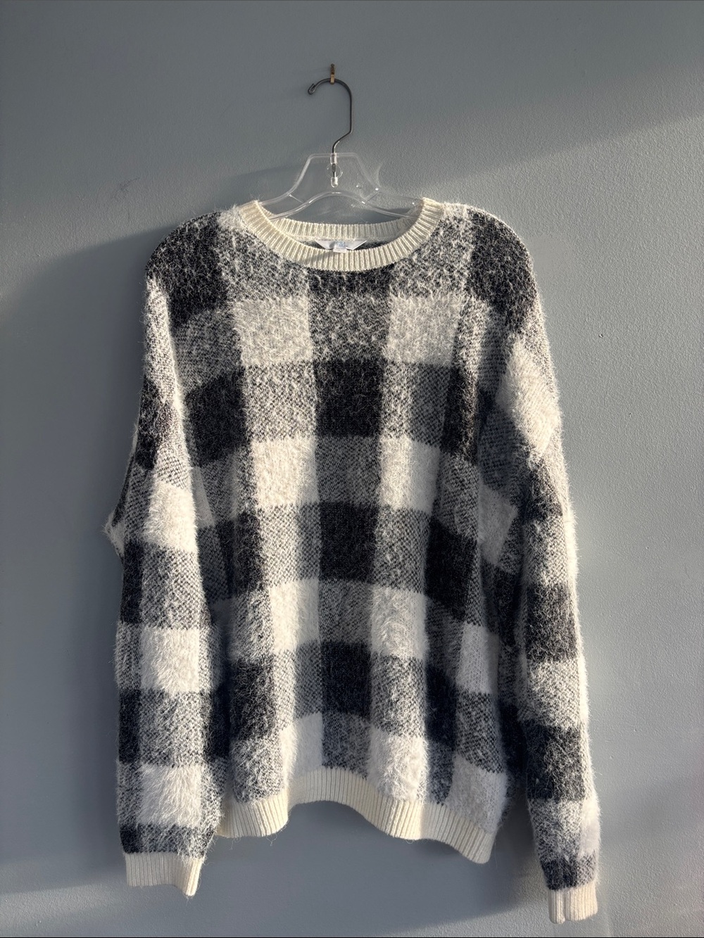 Time and Tru Black & White Plaid Crewneck Sweater